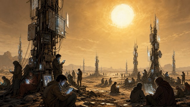 People are sitting around tall electricity pylons with their digital devices, completely absorbed in them. Nobody is talking to one another.