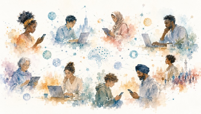 Editorial watercolor illustration, semi-abstract Nairobi skyline silhouette dissolving into a soft network of glowing nodes and connecting lines, muted ochre, signal blue and ink navy palette on warm paper-toned background, wet-on-wet technique with visible paper texture, no faces, no logos, no readable text, generous negative space, hopeful and modern mood, wide-format header image